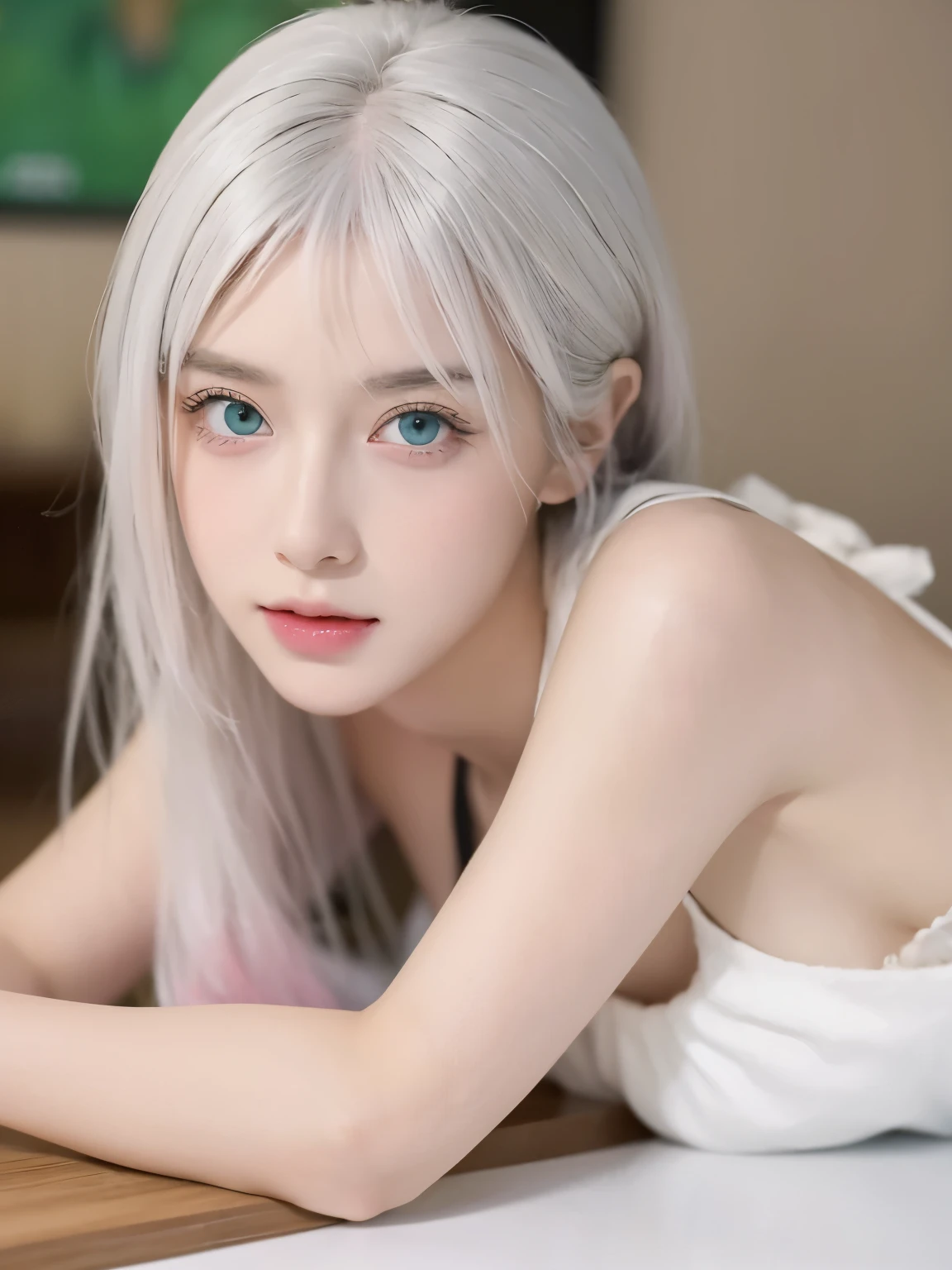 Be a girl with pink skin, pretty eyes (green-eyed) as deep as the night sky, Half sad face lying on the table, White hair, looking at you, With anime/Semi-realistic art style