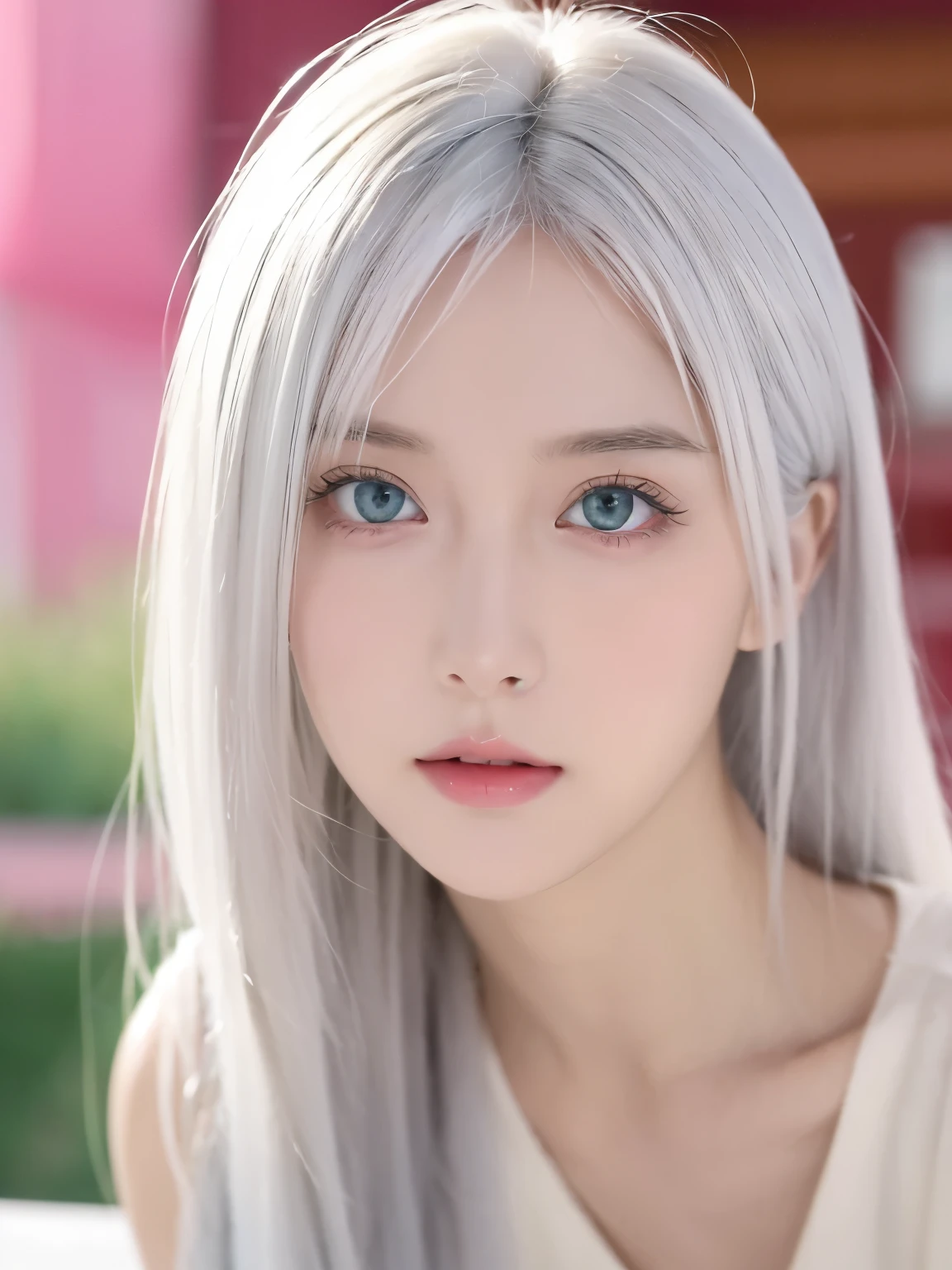 Be a girl with pink skin, pretty eyes (green-eyed) as deep as the night sky, Half sad face lying on the table, White hair, looking at you, With anime/Semi-realistic art style