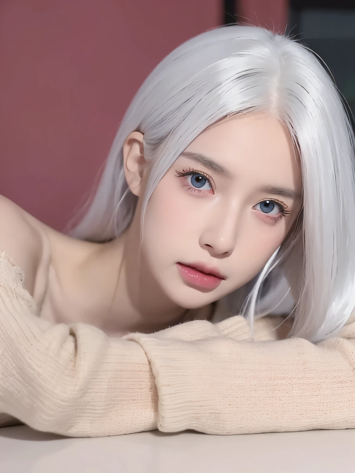 Be a girl with pink skin, pretty eyes (red eyes) as deep as the night sky, Half sad face lying on the table, White hair, looking at you, With anime/Semi-realistic art style