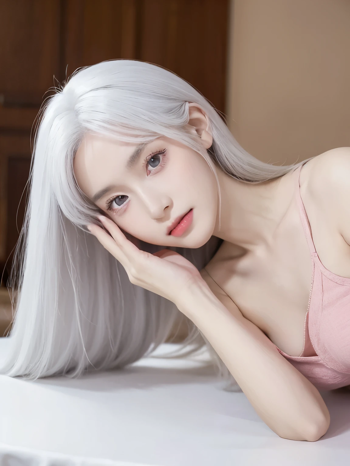 Be a girl with pink skin, pretty eyes (red eyes) as deep as the night sky, Half sad face lying on the table, White hair, looking at you, With anime/Semi-realistic art style