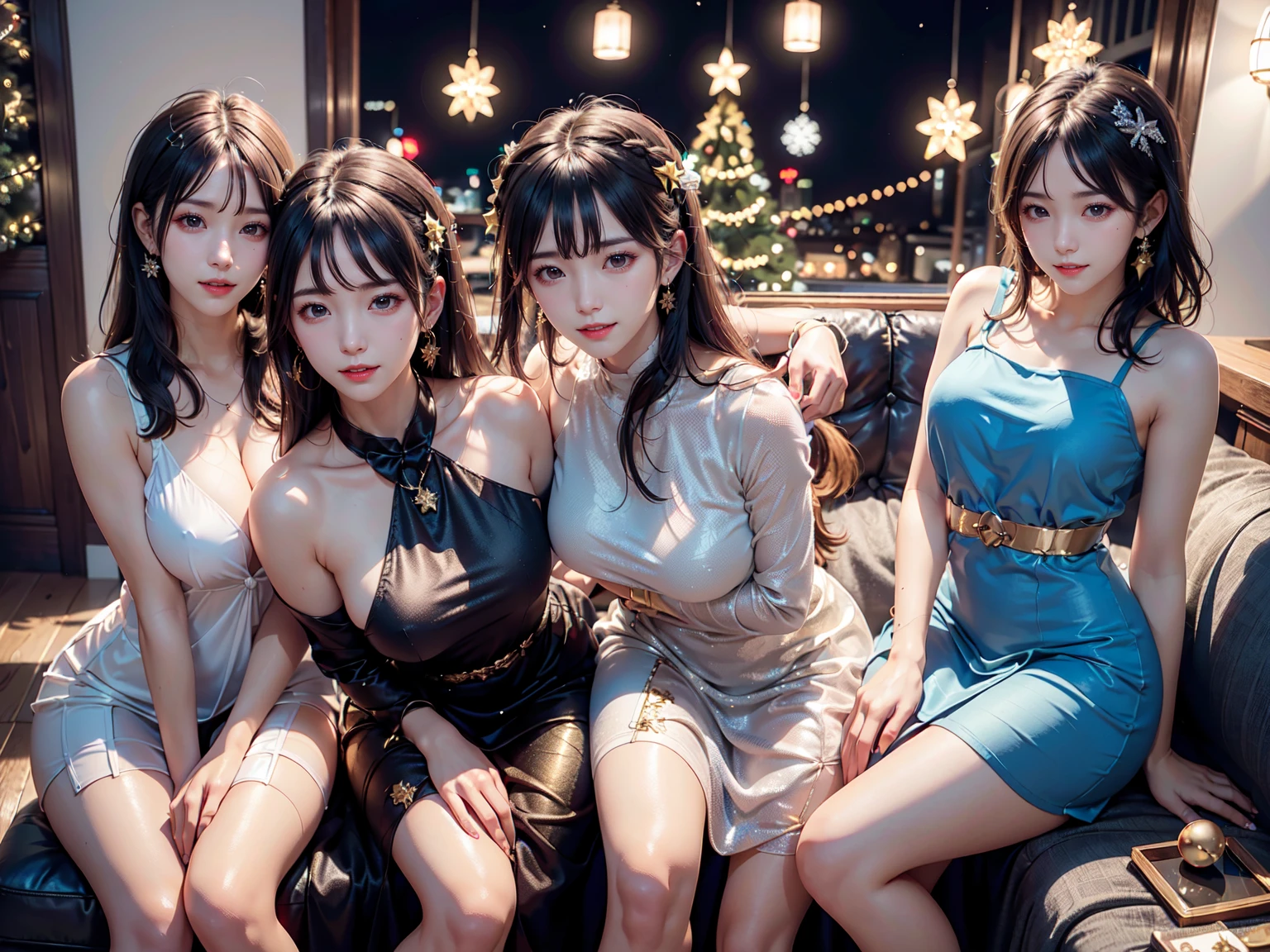(masterpiece:1.3), top-quality, top-quality, Beautifully Aesthetic:1.2, ((Three girls)), Christmas party night, (Left girl is wearing a Red and Silver colors dress), (Middle girl is wearing a Black and Gold colors dress), (Right girl is wearing a White and Blue colors dress), (Left girl (black Hair, wavy hair, short hair)), (Middle girl (brown Hair, Straight hair, long hair)), (Right girl is (gray Hair, wavy hair, medium long hair)), detailed face, detailed eyes, detailed ears, detailed lips, ((eye-glasses)), (Three girls are Perfect body (large breasts, firm breast, nicely shaped breasts, slender figure)), (Sitting on the Luxury sofa side by side in a neat line with casual pose:1.3), ((At the middle of christmas party venue decorated for christmas at late night:1.2)), (Upper body shot:1.1), (From front:1.3), (Looking at viewer, open mouth, smiling)