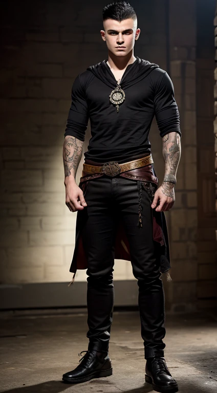 Harry Potter warrior, , mohawk haircut, black hair, intense green eyes fixed, intense gaze, affiliated features, no facial hair, height 1.93, weight 96 kg, muscular build, broad shoulders, V-shaped body, sleeves tattoos in Arms , full body focus, completely hairless,