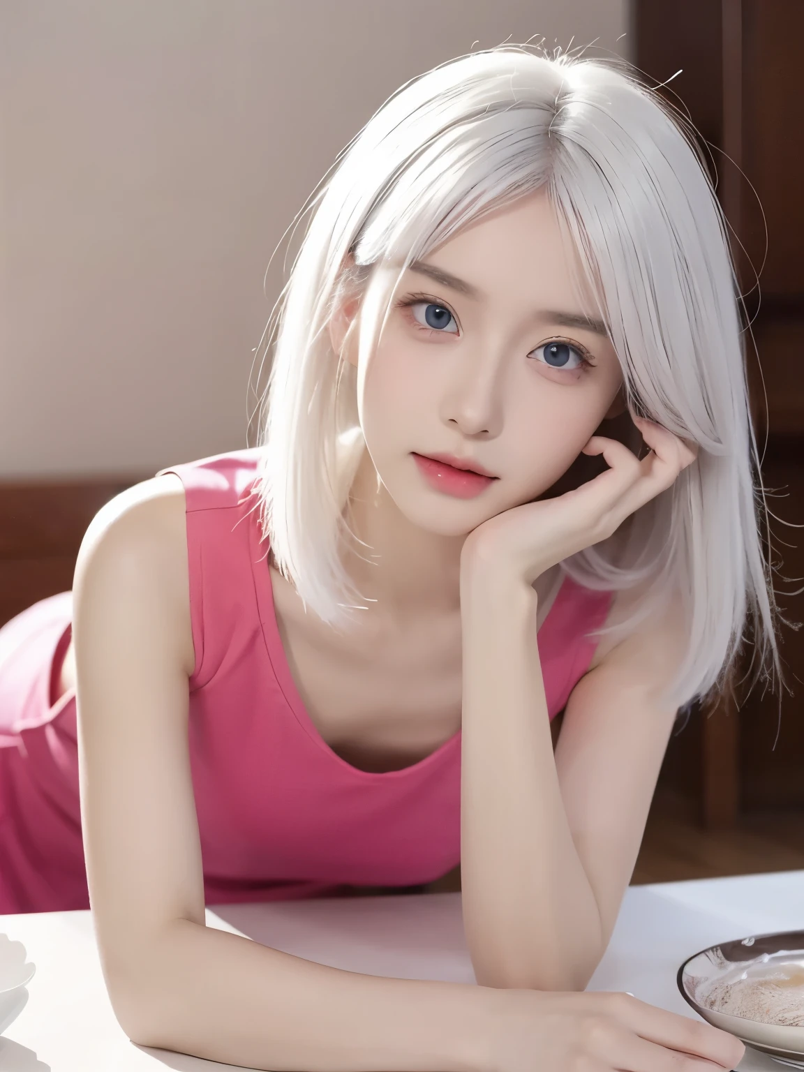 Be a girl with pink skin, pretty eyes (red eyes) as deep as the night sky, Half sad face lying on the table, White hair, looking at you, With anime/Semi-realistic art style