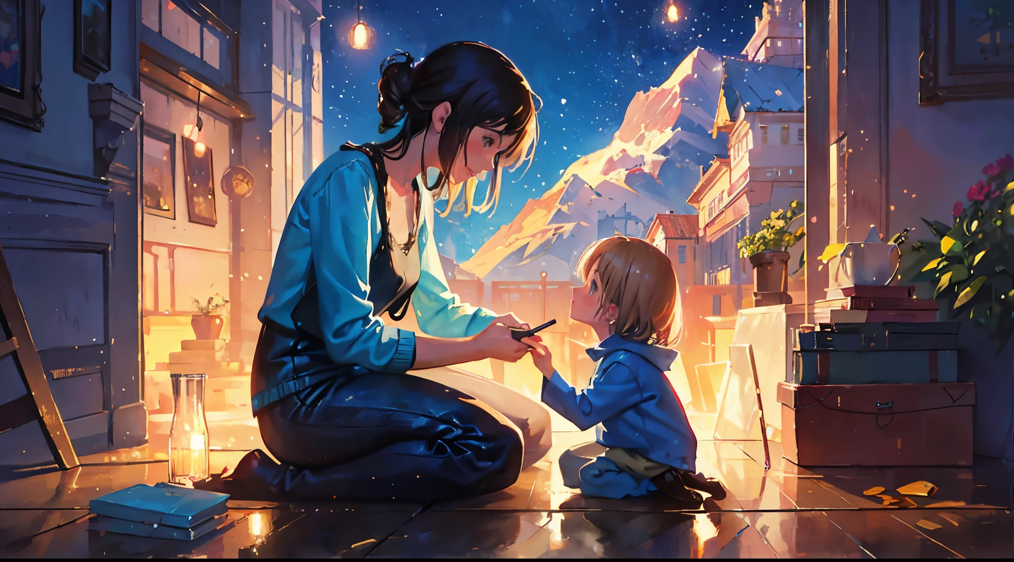 there is a woman and a child sitting on the floor, cozy pastel lights, , adorable digital painting, background artwork, beautiful digital artwork, emotional concept art, cute detailed digital art, cute digital art