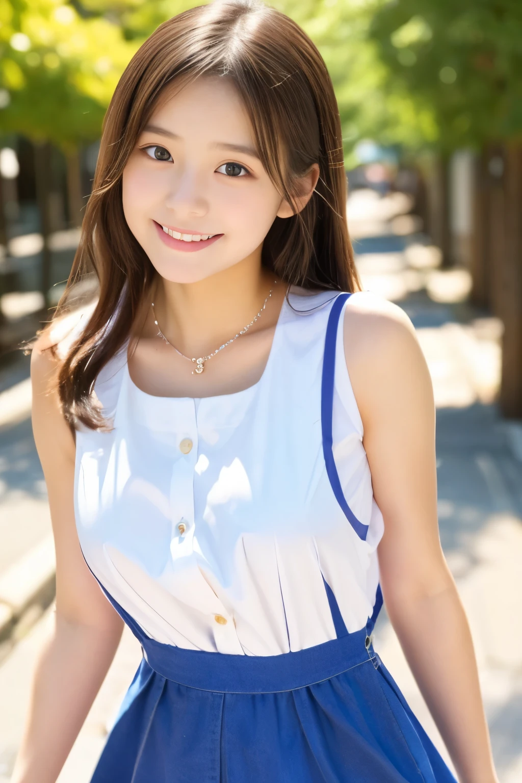 (((masterpiece))), (One beautiful Japan girl, classmates, Pure Innocence,Innocence,kawaii) ,超A high resolution, Realistic, ultra-detailliert, 8K,top-quality, Extremely detailed, Detailed background,A slender,(a baby face,kawaii系,adorable 14 year old girl),Beautiful girl in a short-sleeved white blouse、(Perfect body:1.1),Super Detailed Face、Detailed lips、A detailed eye、Photorealistic:1.37,no-makeup,small gravure idol,masutepiece, Best Quality, As-、A smile、Please show me your beautiful teeth,Sleeveless shirt、brightly colored skirt、(small tits)、doress、pinafore、hair adornments、(Maids)、Walking with a thigh、beautiful thigh,Bright outdoor,Peach-colored cheeks