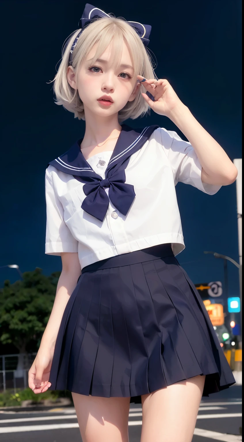 (8k, RAW photo, best quality, masterpiece:1.3),(realistic,photo-realistic:1.37),(night),(looking at viewer:1.331),(white hair),posing,Tokyo street,nightcityscape, cyberpunk city,soft light,1girl,extremely beautiful face,bust,put down hands,Random hairstyle,Random expression,big eyes, ,lower abdomen,(lshort-sleeved JK_sailor),JK_style,(dark blue JK_skirt) ,(bow JK_tie),mix4