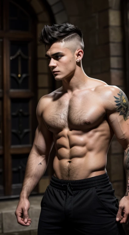 Harry Potter fighter, 18 years old, mohawk haircut, black hair, intense green eyes fixed, intense gaze, affiliated features, no facial hair, height 1.93, weight 96 kg, muscular build, broad shoulders, V-shaped body, sleeves tattoos in Arms , full body focus, completely hairless,