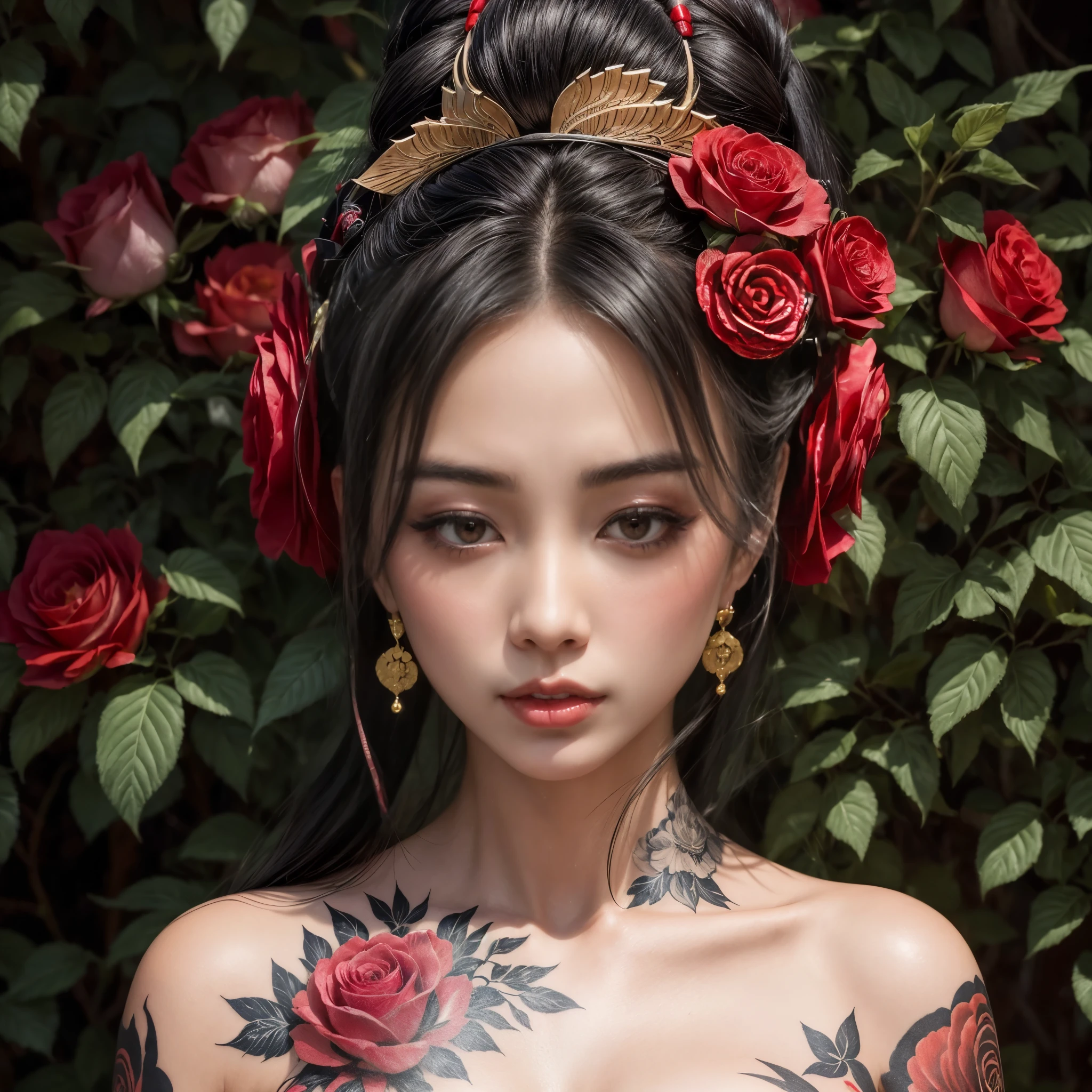 a closeup of a beautiful, hot, horny, sexy young Japanese geisha, with black hair in a bun, with roses adorning her head, with beautiful eyes, beautiful lips, wearing earrings, tattoos covering from chest to neck, posing, and in the background tall vegetation covering, beautiful geisha of sexy stylized tattoos, a geisha with hair covered in roses hyperrealistic, photorealistic stylish glamorous geisha, a tattooed geisha in a forest of intricate details.