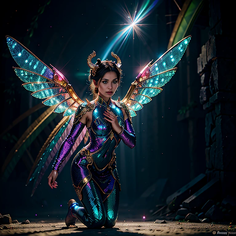 Mysterious ancient ruins,Diamond Dragon,illuminations,ultra - detailed,Best quality at best,4K,8K,tmasterpiece:1.2),Crystal scales,glowing eyes and wings,intense expression,mysterious background,light and shadows,Ancient ruins,sparkling gemstones,vibrant with colors,shiny stone texture,mythical creature,vintage vibes,EtherealBeauty