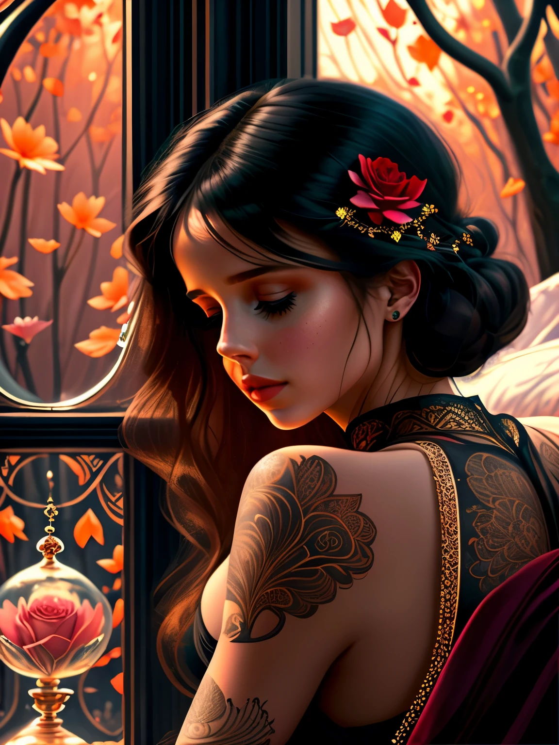 a painting of a red rose on a black background, amazing fantasy art, rich deep colours masterpiece, awe sublime, gold noble, kisses are wordless spells, dorne, wow it is beautiful, 3d intricate shapes, author unknown, by Penny Patricia Poppycock, very beautiful photo, beautiful avatar pictures, deep colour\'s, ad image, maroon red, (masterpiece), best quality, expressive eyes, perfect face, highly detailed, high resolution, beautiful, (masterpiece), best quality, expressive eyes, perfect face, 1 sexy girl in forest clothes, flowers, leaves, mandalas, fractal, Sleeping Beauty, by Bella🦋 full body, beautiful girl sleeping, room with mirror, girl sleeping in bed and sheets, old clock and lamp on the table, full body, black hair, transparent clothes, open legs, view of the pubic hair, 1 sexy girl in see-through forest clothes, exposed breasts, open see-through t-shirt, mandala and flower tattoos, best quality, masterpiece, illustration, very delicate and beautiful, highly detailed, CG, Unity, 8k wallpaper , ridiculous, huge file size, very wide lens, soft lighting, Sleeping Beauty, by Bella🦋 full body, beautiful sleeping girl, full body, black hair, transparent clothing, slight smile, legs open, pubic hair view, 1 girl sexy in transparent forest clothes, exposed breasts, open transparent t-shirt, tattoos of mandalas and flowers, transparent clothes, transparent clothes showing the naked body, beautiful vagina, vagina with soft hairs, closed eyes, Latin girl sitting on a bench park, girl sitting on a garden bench, oil painting, floating hourglass, ((hourglass in woman's hand)), latin tanned skin, full moon night sky, falling autumn leaves, autumn leaves in the wind, black and brown hair, long hair floating in the wind, girl looking at an hourglass, nsfw,(( Felicity Jones)), (sensual), (Extremely beautiful), (erotic:1.2), (sublime:1.0 ), (Extremely sensitive:1.0), (wise and understanding:1.2), (feminine:1.2), (intricate: 1.2), (masterpiece). ),Extremely detailed, hyper-