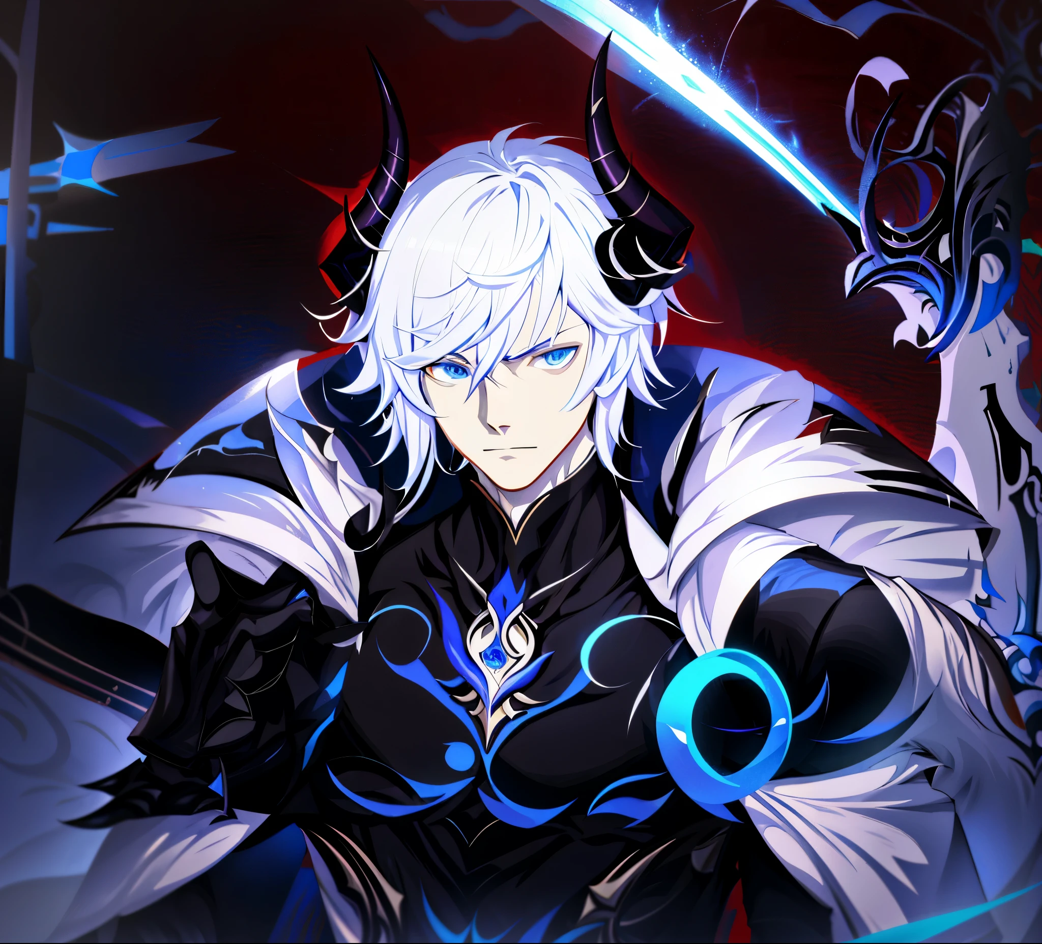 1man, anime character with white hair and black armor holding a sword, blue eyes, keqing from genshin impact, zhongli from genshin impact, genshin impact character, by Yang J, genshin, casimir art, genshin impact, official character art, video game genshin impact, demon male, aion, loong, key anime art, the former demon king, detailed face, 4k art, art hd, hd art, detailed eyes, black horns, white background, blue color pallete