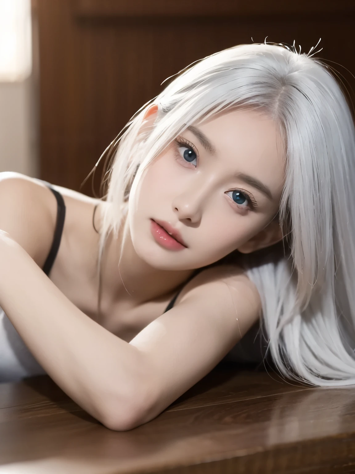Be a girl with pink skin, pretty eyes (red eyes) as deep as the night sky, Half sad face lying on the table, White hair, looking at you, With anime/Semi-realistic art style