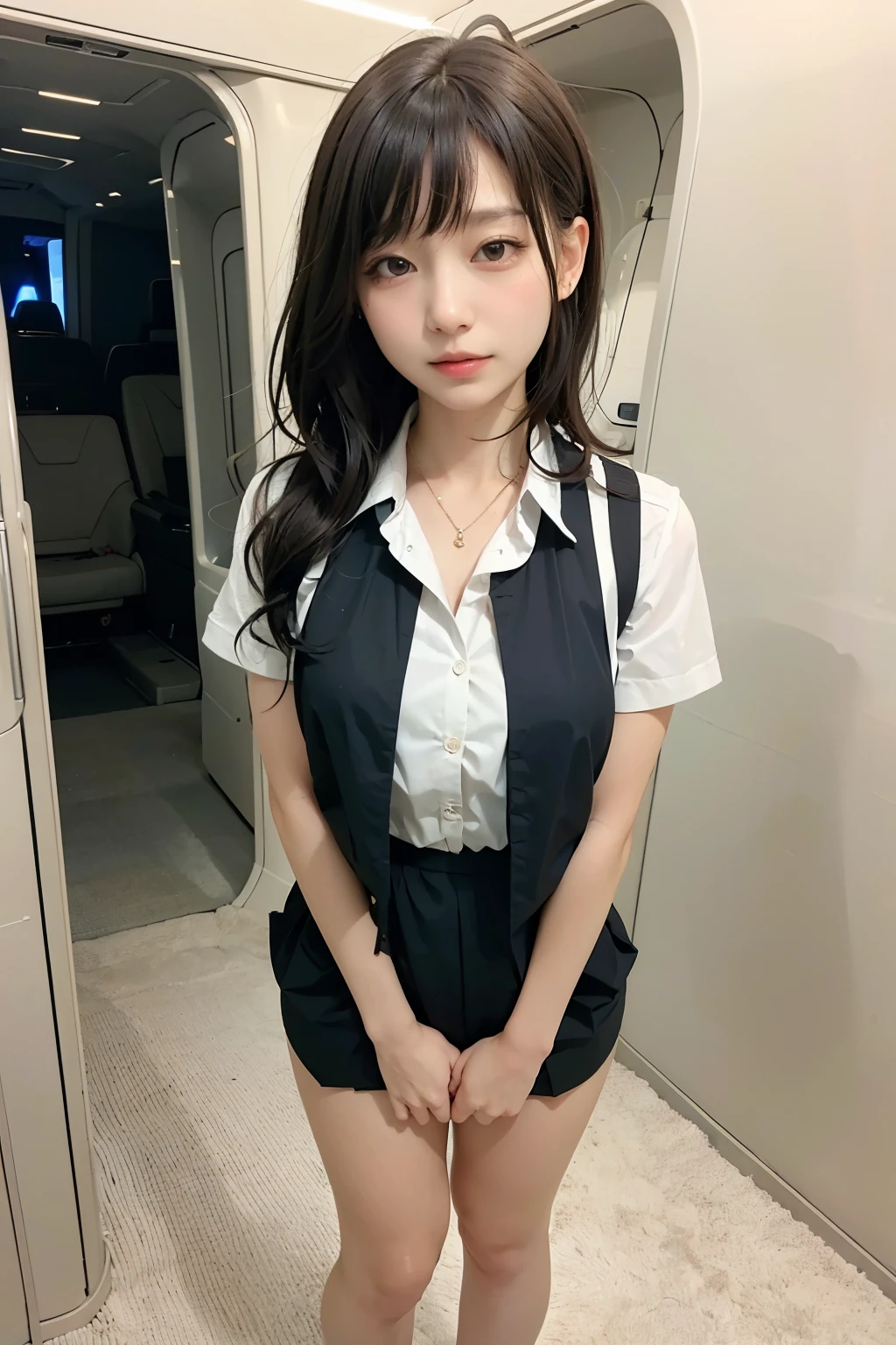 (tmasterpiece:1.3), A high resolution, ultra - detailed, extremely detaild的 CG unified 8k wallpapers, actual, photo-actual, RAW photogr, beautiful  detailed face, pale-skinned, actual skin, The texture of the fabric is delicate, Detailed hair texture, proporções perfeitas, Nice face, Accurate, 解剖学Upp正确的, Highly Detailed Face and Skin Textur, natural neck length, (beautiful lucky skin:1.2), lean legs, thin feet, Sexy thighs, intermittently, 詳細な目, symetrical eyes, light brown eyes, 二重まぶた, tthin eyebrows, (glossy lips:1.4), ((belosoriso:1.2)), (face flushed:1.2), intermittently, (((1 Sister))), (Dressed in elegant Japan Airlines stewardess uniform:1.2), humongous large breast，Revealed，Upp，plumw，E杯 (medium), (long slim figure:1.2), (dark brown  hair, curlies), ((Short hair details, asymmetricalbangs:1.2)), (Full body photo:1.2), ((seen from the front:1.3)),超特写 intermittently, ((Standing on the first floor，Bend your legs:1.2)), (Inside a private jet: 1.2),