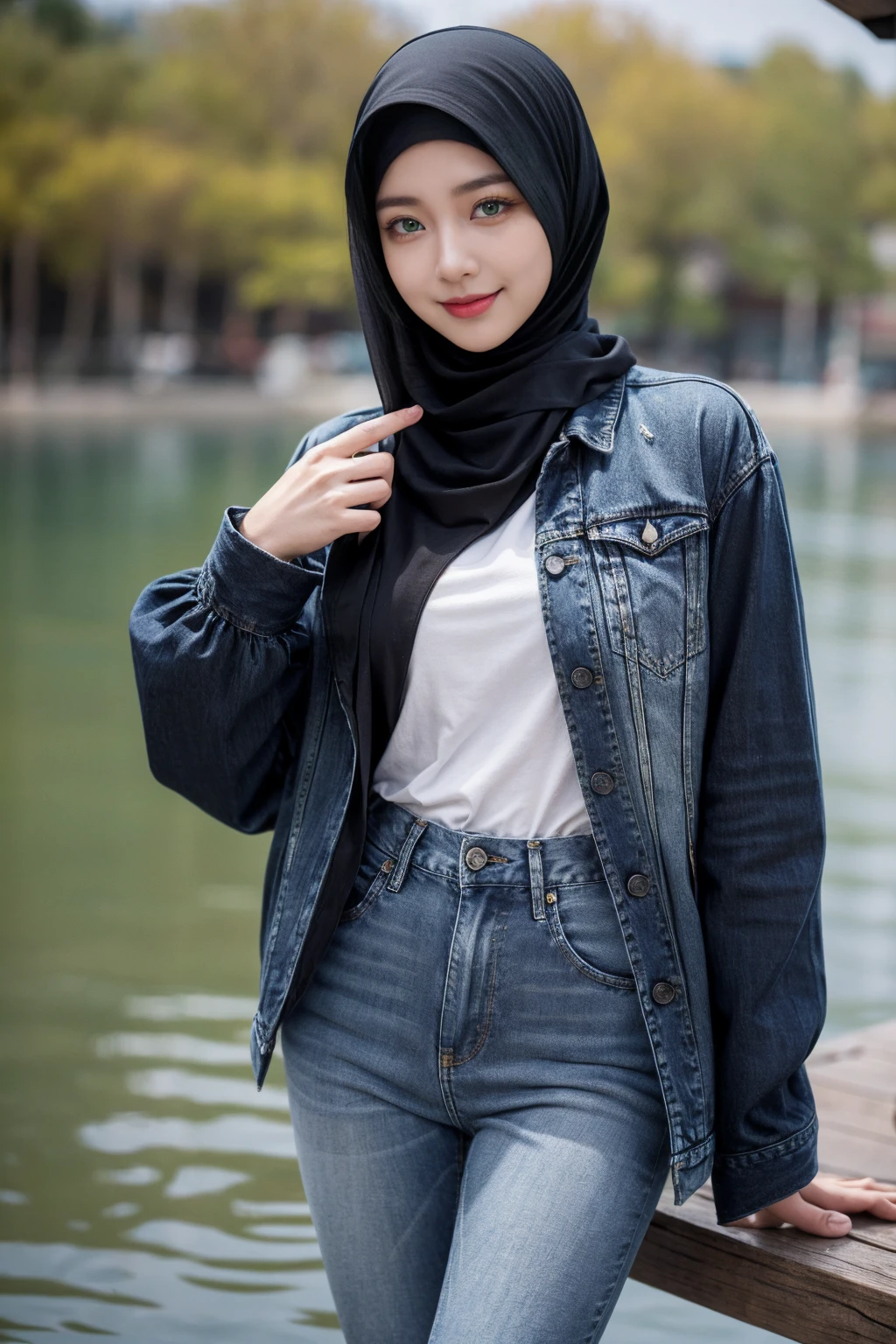 shy stance, smiling, very shy, (realistic photos of Hijab Korean female, slightly smile,expressive eyes,eye makeup,lake background,standing posture,confident attitude,Eye-Level Shot, slightly blurry background,UHD,masterpiece:1.2,highres,16k), long Jeans, black, fluffy jacket