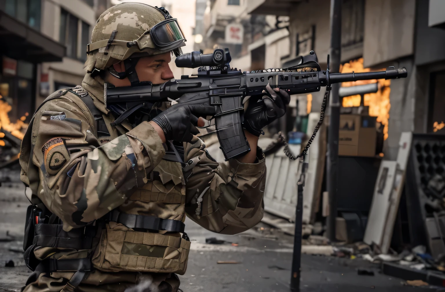 Soldado masculino, Cara alemana, chaqueta antibalas, ammunition belts, Manos con guantes de cuero, con una mano sostiene un rifle de asalto, He is in a completely destroyed city, humo, mucho fuego, Ultra detallado, hyper realista, 4k, Ultra detallado image, realista, Altamente detallado, perfect composition, splendid, Intrincadamente detallado, Incredibly detailed, 8K fine art photography, hiper detallado, Obra maestra
