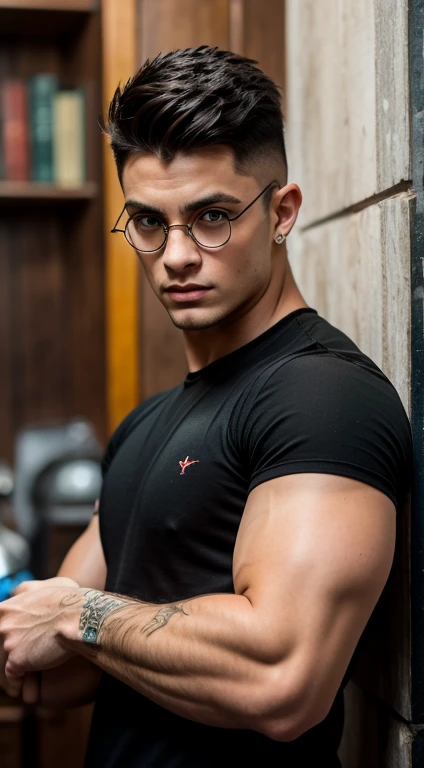 Harry Potter badass, 18 years old, mohawk haircut, black hair, intense green eyes fixed, intense gaze, affiliated features, no facial hair, height 1.93, weight 96 kg, muscular build, broad shoulders, V-shaped body, tattoos in Arms , full body focus, completely hairless,