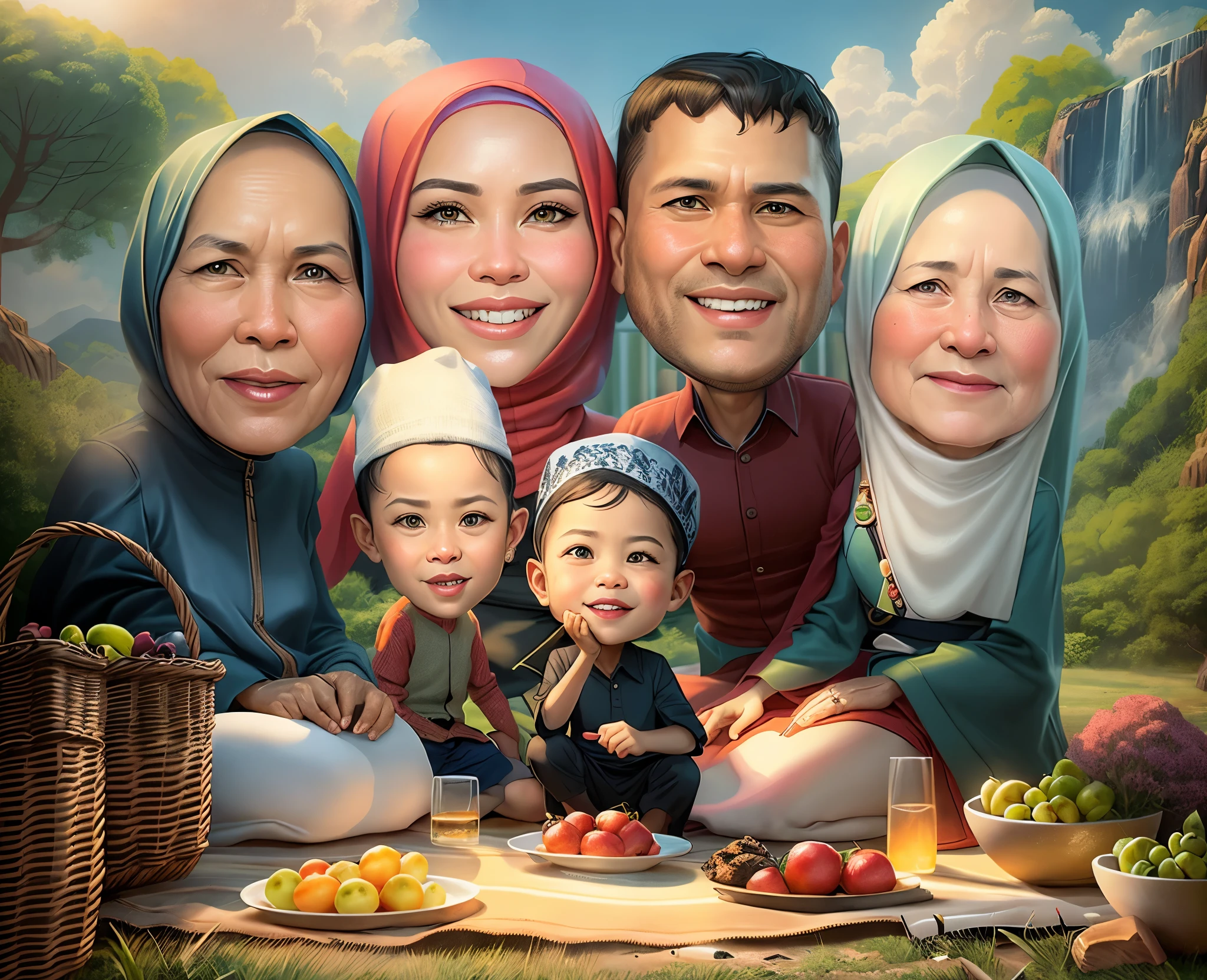 arafed family portrait with a picnic blanket and fruit basket,Family couples on the left and right are grandmother, woman wearing hijab an indonesian family portrait, in cartoon style, caricature illustration, potrait, traditional art, happy family, cartoon portrait, cartoon art, caricature style, realistic cartoon, family portrait, cartoon style illustration, cartoon digital painting, cartoon digital art, classic portrait, traditional portrait, high quality portrait, cartoon artstyle
