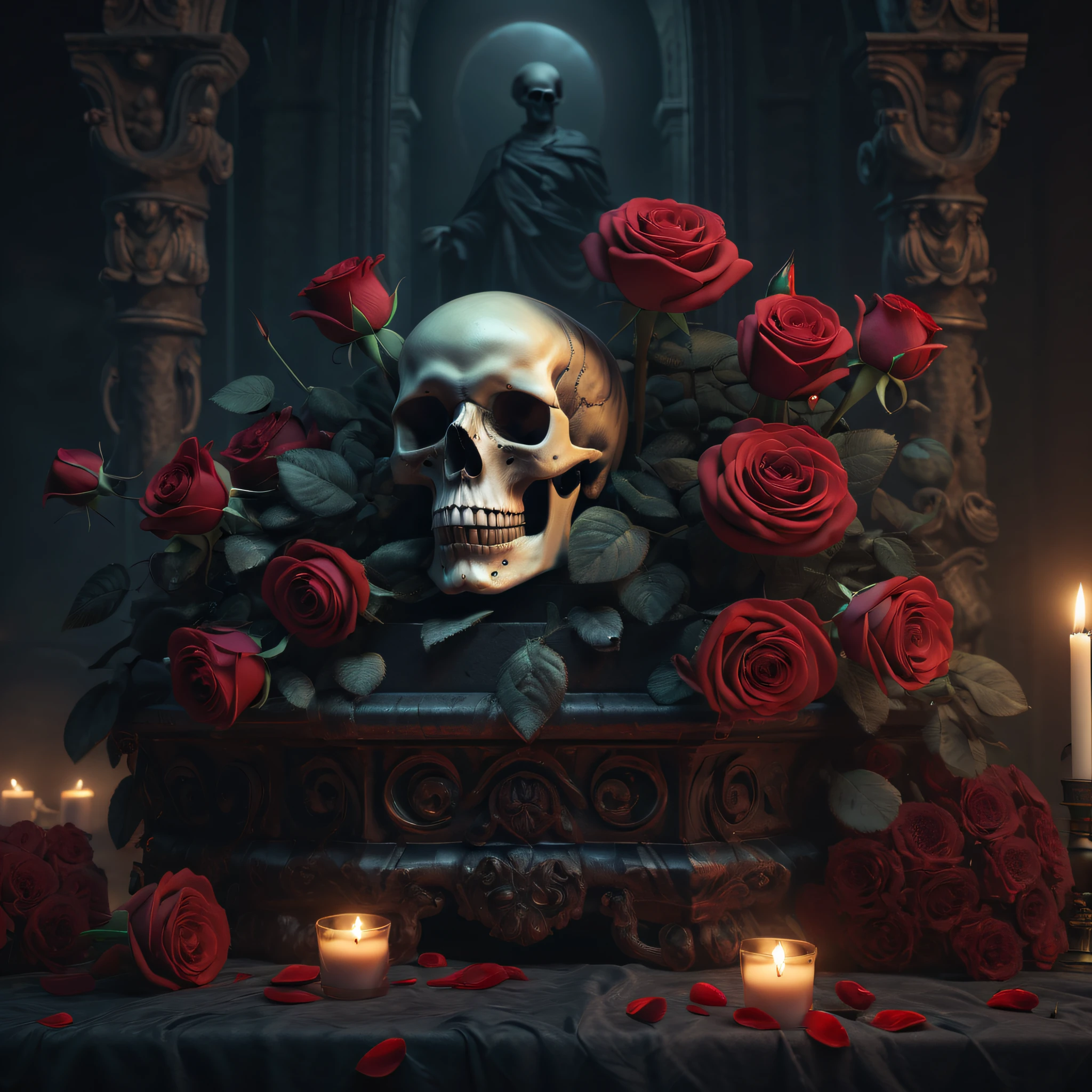 (Best Quality,8K resolution,High resolution,masutepiece:1.2),Ultra-detailed,Realistic Skull,detailed corpse,Bouquet of roses, night background with altar,melancholy lighting,Horror-themed,Solid color palette