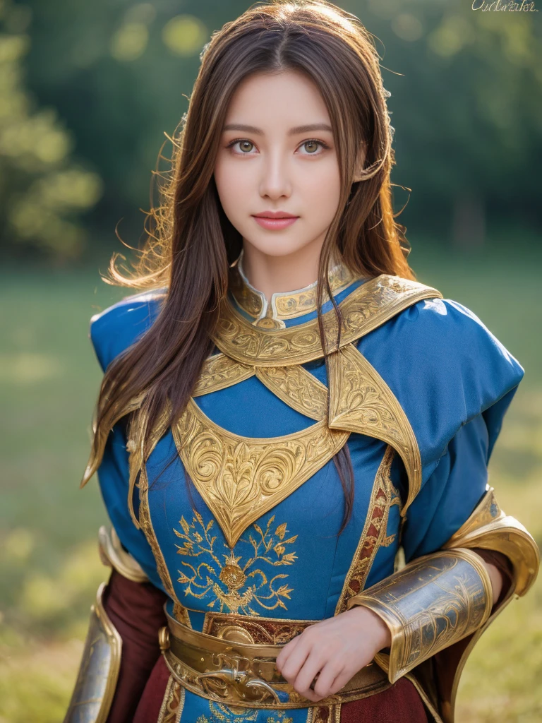 １femele、Best Quality、masutepiece、Cinematic lighting、８ｋ、From the knees up、Well-formed face、A slight smil、Medieval metal armor on the chest、Blue clothes、Detailed skin、Detailed eyes、chestnut hair、A detailed face、Longsword in right hand、Blue cloak、golden decorations on clothes、chain mail、Phoenix crest、grass field