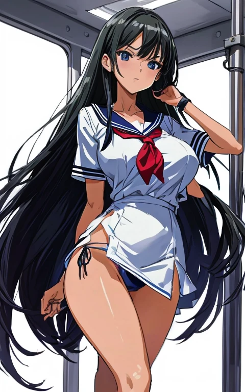 A beautiful woman with long black hair, big breasts, beautiful legs, and a sharp face is wearing a sailor suit with a white miniskirt, showing light blue and blue panties, and standing proudly glaring at a middle-aged office worker on a crowded train.。