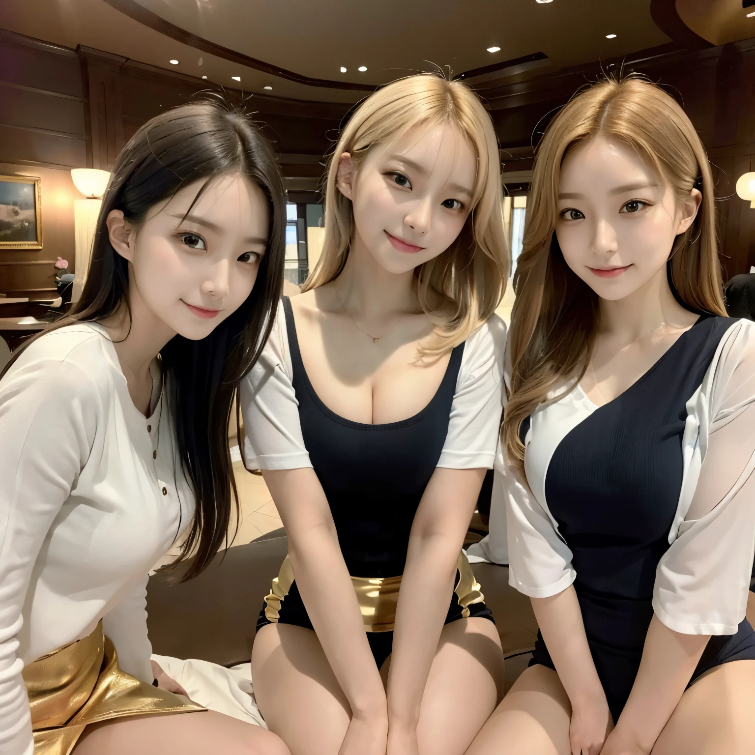 (Best Quality, Ultra-detailed, Golden ratio, masutepiece:1.2), theatrical lighting:0.7, Photo of 18-year-old Riga Hyun Korean woman in uniform,Female Lesbian, face perfect, (highlydetailed skin), Randomly colored hair, Hide your mouth with your hands、Ridicule, Skin Texture, pale skin, Shiny skin, (slim, Petite:1.2), [:(sharp focus on face, Perfect eyes:1.2):0.2], Photorealistic, Film grain、Hide your mouth with your hands and smile, Random Poses、Three Women、from below looking up、Straddling、look happy