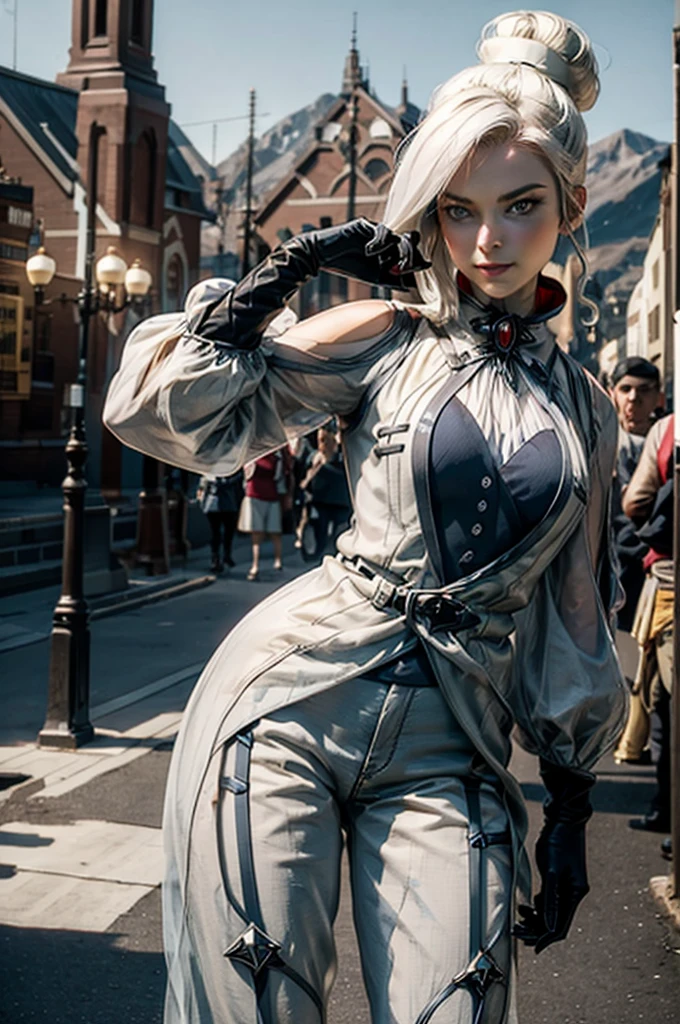 stunning girlfriend, (standing:1.1), dynamic pose, heart shaped face, elegant face, beautiful face, highly detailed face, highly detailed skin, skin pores, subsurface scattering, realistic pupils, loving smile, looking at viewer, full face blush, full lips, detailed background, depth of field, atmospheric perspective, volumetric lighting, sharp focus, absurdres, realistic proportions, good anatomy, (realistic, hyperrealistic:1.4), 16k hdr, cowboy shot, solo, 1girl, rwbywinter, expressionless, closed mouth, looking at viewer, crossed arms, hair over one eye, single hair bun, coat, coattails, pants, gloves, standing near ski lodge, crowd, mountains