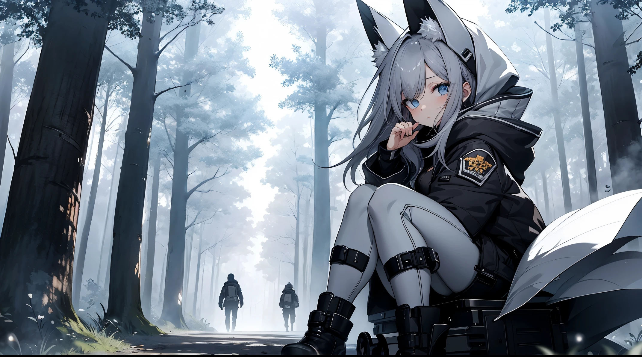 ((tmasterpiece:1.4, Best quality at best))+, (hyper-detailing)+, (delicate blue eyes:1.5)+, (Detailed ears:1.5), (cute girls), (Tight white silk:1.5), Tight white silk, Long hair details,no headwear,(Black hood:1.2), pale-skinned, (brown cloth:1.5), (Black Martin boots:1.4), towering trees,Surrounded by huge black trees,The sea shrouded in thick fog, steamy,huge black crystal,,Flying dust,prosthesis,机械prosthesis,steamy朋克,(Wanderers:1.1), (dawn light:1.2), ), (closeup cleavage:1.1), the only person, bright gray hair, Gloom (Expressing the), from the front side, from below, Best quality at best, A high resolution, high detal, high high quality, 16k