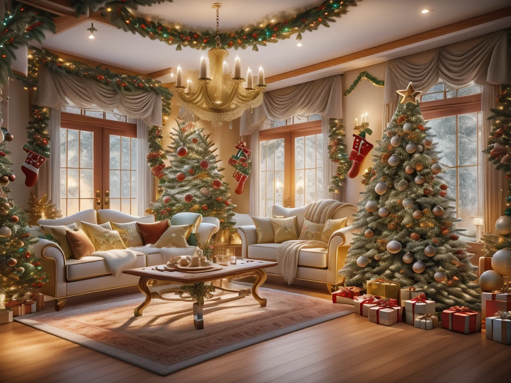 ultra real photo， tmasterpiece， Best quality， ultra - detailed， 超高分辨率， RAW photos，(Christmas living room)，(圣诞豪华Decorative style)，A fusion of gorgeous Christmas elements and symmetry，落地窗充满温暖的圣诞lamplight。Beautiful Christmas furniture is placed in the center，Includes comfortable Christmas style sofa and chairs，Mild color。(Huge Christmas artwork hanging on the wall)，old color，(Christmas unique style)。(墙壁Decorative style以圣诞元素Decorative style，The fireplace is warm、Lanterns hanging on the stairs、Colorful gifts wrapped under the Christmas tree、The floor is piled with gifts、wooden floor、Decorative style的松树、镶wooden floor、Manta ray and green、Christmas atmosphere、传统的Christmas atmosphere、Merry Christmas、gift tags、Christmas wreath、Decorative style、metal ribbon、Christmas tree lights、Candy and Snacks，Gingerbread Man，lamplight)，Complements the mirror wall，Broaden the sense of space。(Ornate ceiling design with Christmas elements，悬挂的圣诞彩灯Decorative style让房间充满温暖, Soft lighting)。European Christmas style living room，ultra real photo，Extremely detailed and highest quality CG Unity 8K wallpapers