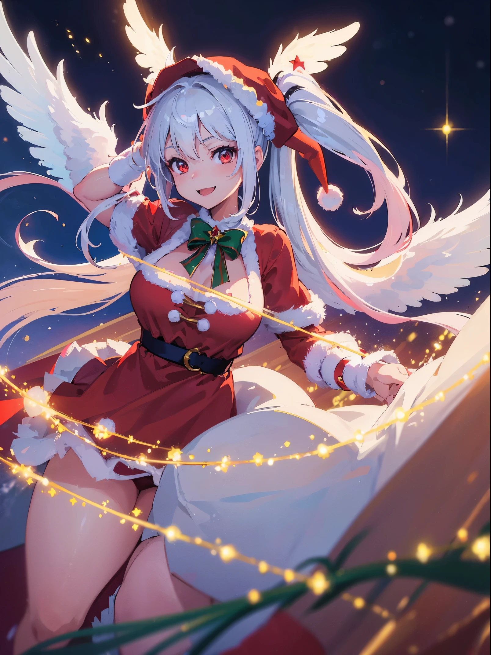 (best quality, masterpiece:1.3), illustrations, anime, very high resolution, large filesize, full color, beautiful detailed glow, front light, 1girl, solo, Christmas, santa costume, (Santa hat), ((magical girl)), Christmas decorations, smiling, white hair, red eyes, (twintail), (angel wings), dynamic angle, magic, battling,