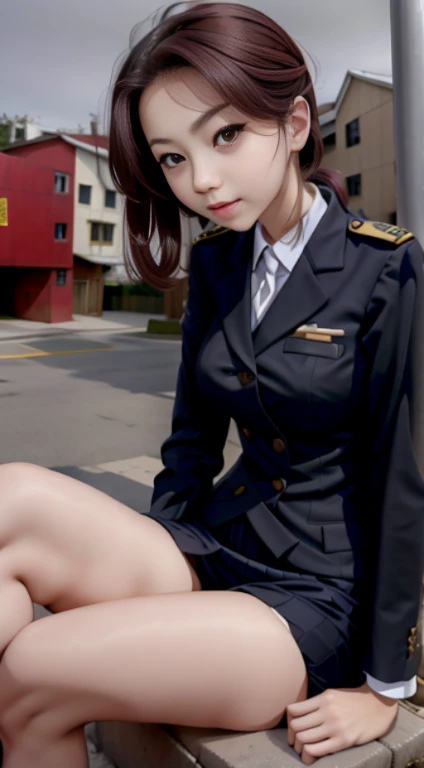 8K, best qualtiy, portrait of a full body, gorgeous faces, Pretty Face, 23-year-old woman, Slender body type, small tit, OL Uniform, Office Clothes, Black tights, Outdoor Scene, sitting pose, super miniskirt