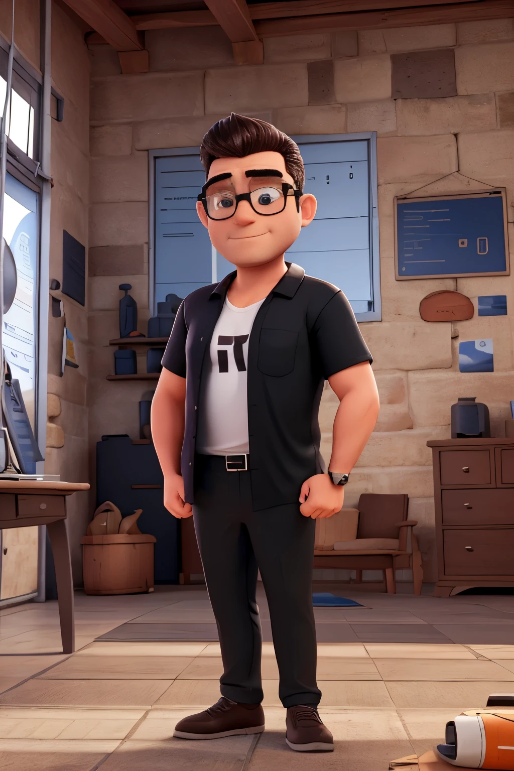 Homem branco, pesando 100kg e com 1.77 de altura, owner of a mechanical workshop, crossing arms, nariz largo, olhos grandes e boca grande, wears prescription glasses with a thin frame, wearing black t-shirt and black pants, cabelo curto e crespo, crossing arms