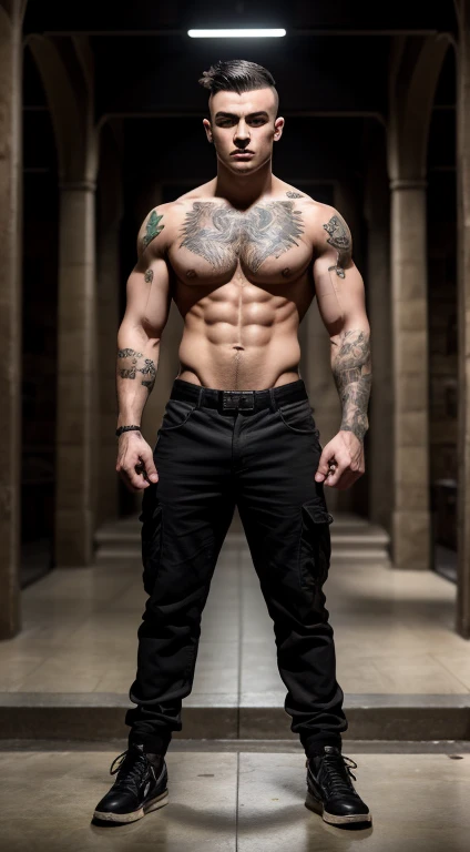 Harry Potter soldier, 18 years old, mohawk haircut, black hair, intense green eyes fixed, intense gaze, affiliated features, no facial hair, height 1.93, weight 96 kg, muscular build, broad shoulders, V-shaped body, tattoos in Arms , full body focus, completely hairless,