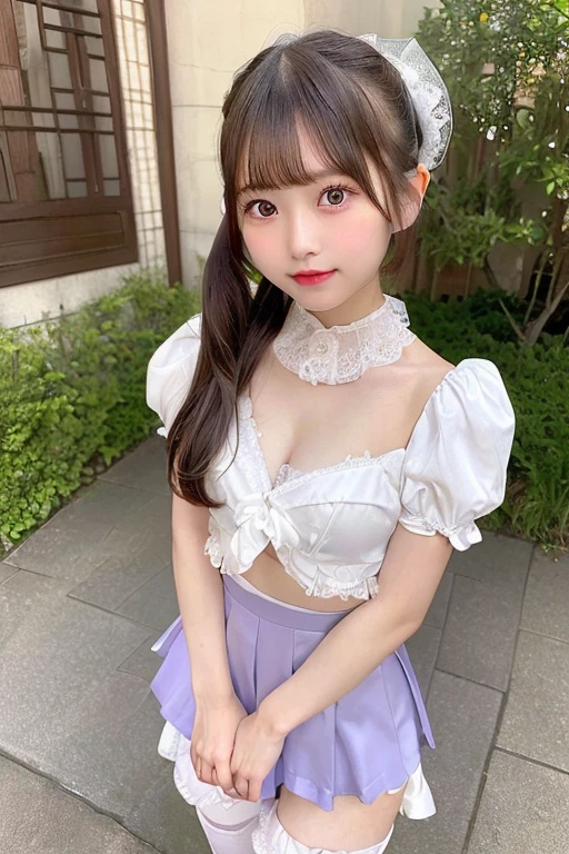 (hightquality、​masterpiece、ultra res、Taken in long shot),in 8K, (japanese beauty girl(Clear eyes:1.3)、Very young girl、A girl with a cute smile、 10-year-old female model(Super cute face in idol style:1.2))、(Hairstyle in a ponytail, Bangs are snappy)、(The area around the genitals is smooth、The genitals are so real)、(Breasts are small、A well-balanced slender nude figure)、((The whole body of the girl from head to foot、Taken in full shot))、((Dynamic Color ****ta Costume), Bare legs, Skirt lift))