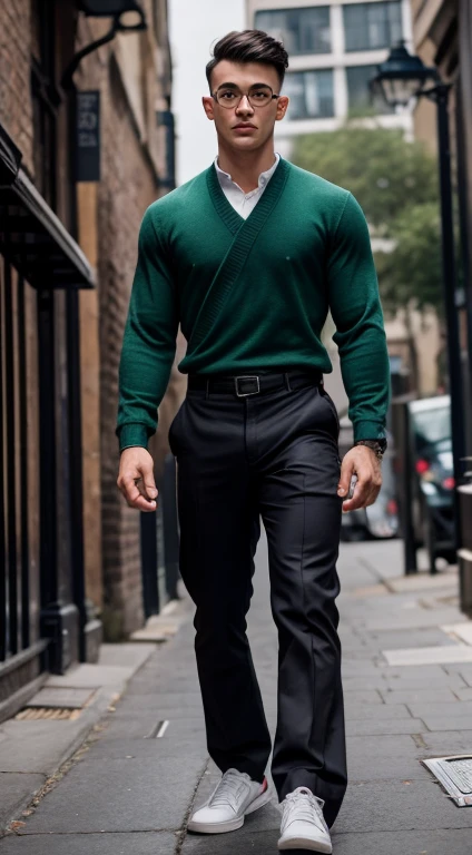 Harry Potter martial artist, 18 years old, low taper fade haircut, black hair, intense green eyes fixed, intense gaze, affiliated features, no facial hair, height 1.93, weight 96 kg, muscular build, broad shoulders, V-shaped body, tattoos in Arms , full body focus, completely hairless,