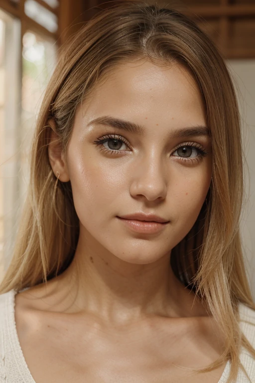 fechar para cima, 1Menina 18 anos, somente, Cabelos compridos, Olhando para o espectador, blonde hair, olhos azuis, ourivesaria, corpo inteiro, Colar, Schulterfrei, pullover, lips, Realistisch, nariz, flirting with the camera, tiro de close up, realismo, Olhos detalhados, skin imperfection, sardas pequenas e finas, natural