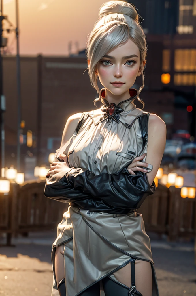 stunning girlfriend, (standing:1.1), dynamic pose, heart shaped face, elegant face, beautiful face, highly detailed face, highly detailed skin, skin pores, subsurface scattering, realistic pupils, loving smile, looking at viewer, full face blush, full lips, detailed background, depth of field, atmospheric perspective, volumetric lighting, sharp focus, absurdres, realistic proportions, good anatomy, (realistic, hyperrealistic:1.4), 16k hdr, cowboy shot, solo, 1girl, rwbywinter, expressionless, closed mouth, looking at viewer, crossed arms, hair over one eye, single hair bun, t-shirt, mini skirt, pantyhose, standing in theatre