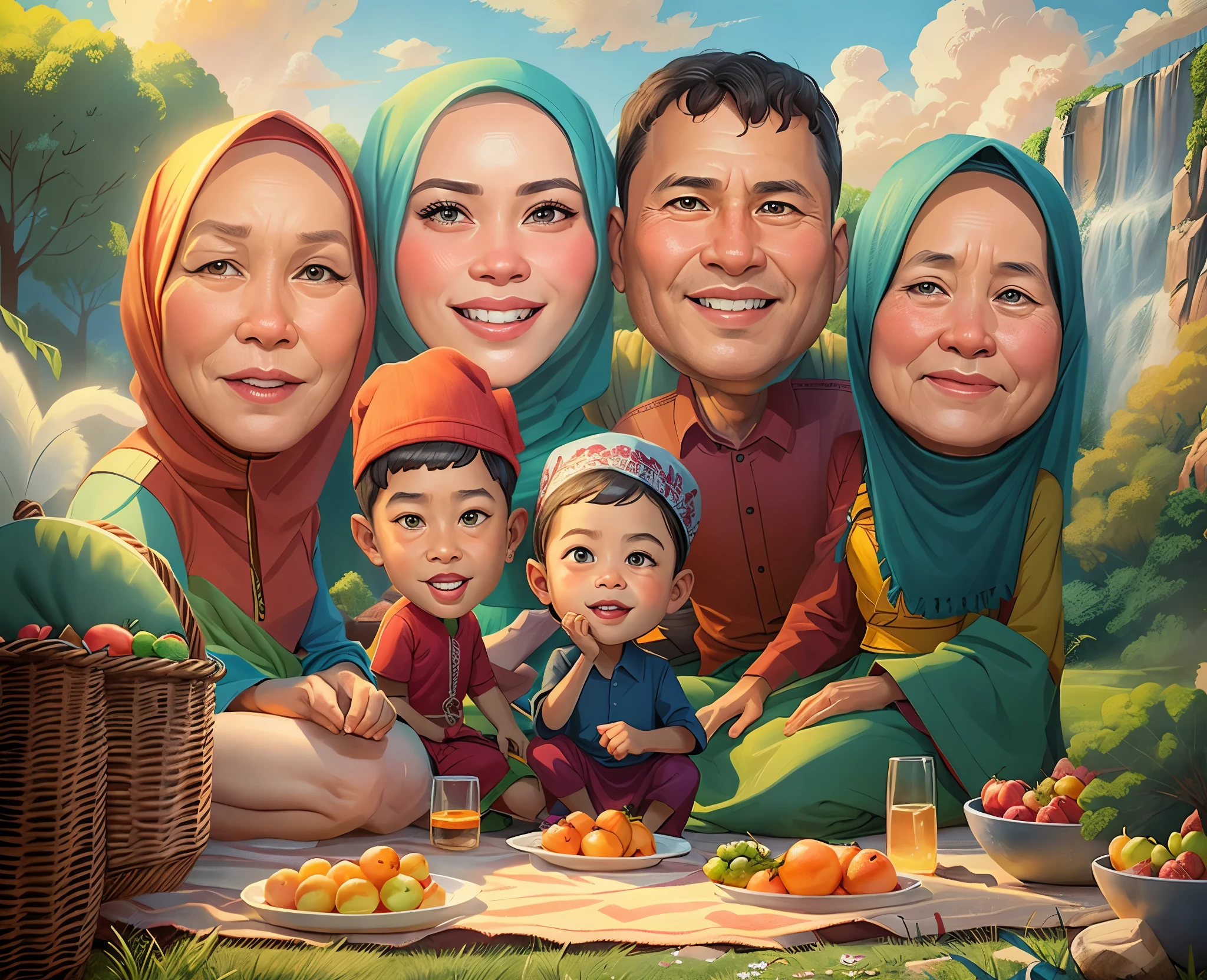 arafed family portrait with a picnic blanket and fruit basket,Family couples on the left and right are grandmother, woman wearing hijab an indonesian family portrait, in cartoon style, caricature illustration, potrait, traditional art, happy family, cartoon portrait, cartoon art, caricature style, realistic cartoon, family portrait, cartoon style illustration, cartoon digital painting, cartoon digital art, classic portrait, traditional portrait, high quality portrait, cartoon artstyle