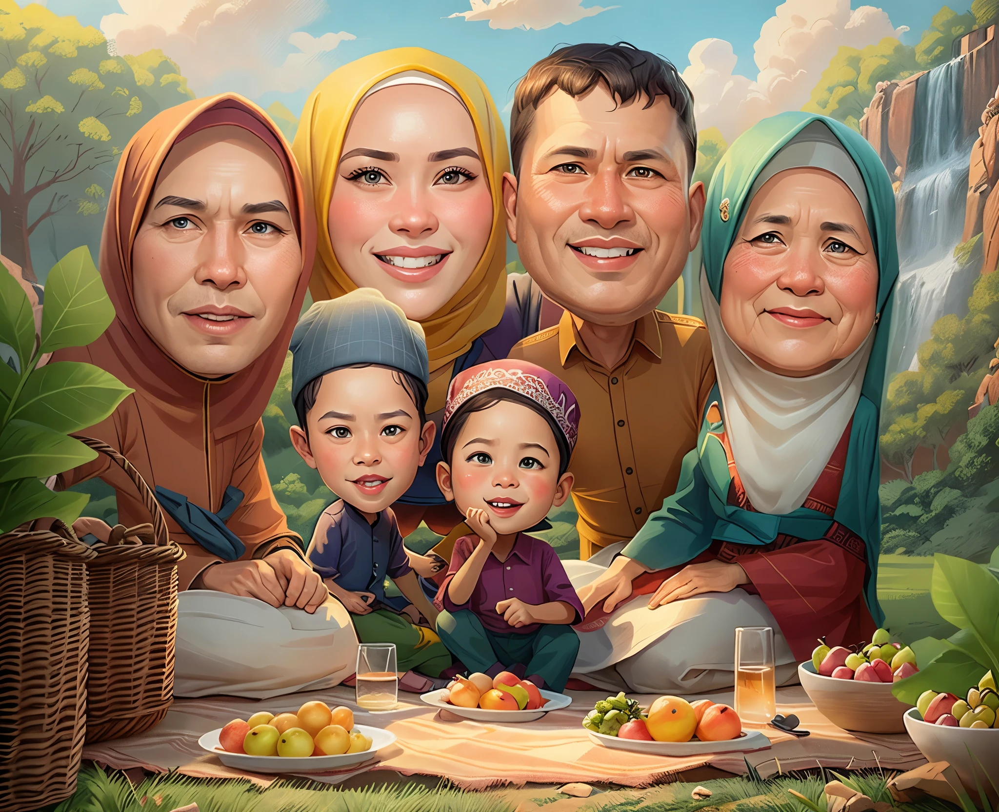 arafed family portrait with a picnic blanket and fruit basket,Family couples on the left and right are grandmother, woman wearing hijab an indonesian family portrait, in cartoon style, caricature illustration, potrait, traditional art, happy family, cartoon portrait, cartoon art, caricature style, realistic cartoon, family portrait, cartoon style illustration, cartoon digital painting, cartoon digital art, classic portrait, traditional portrait, high quality portrait, cartoon artstyle