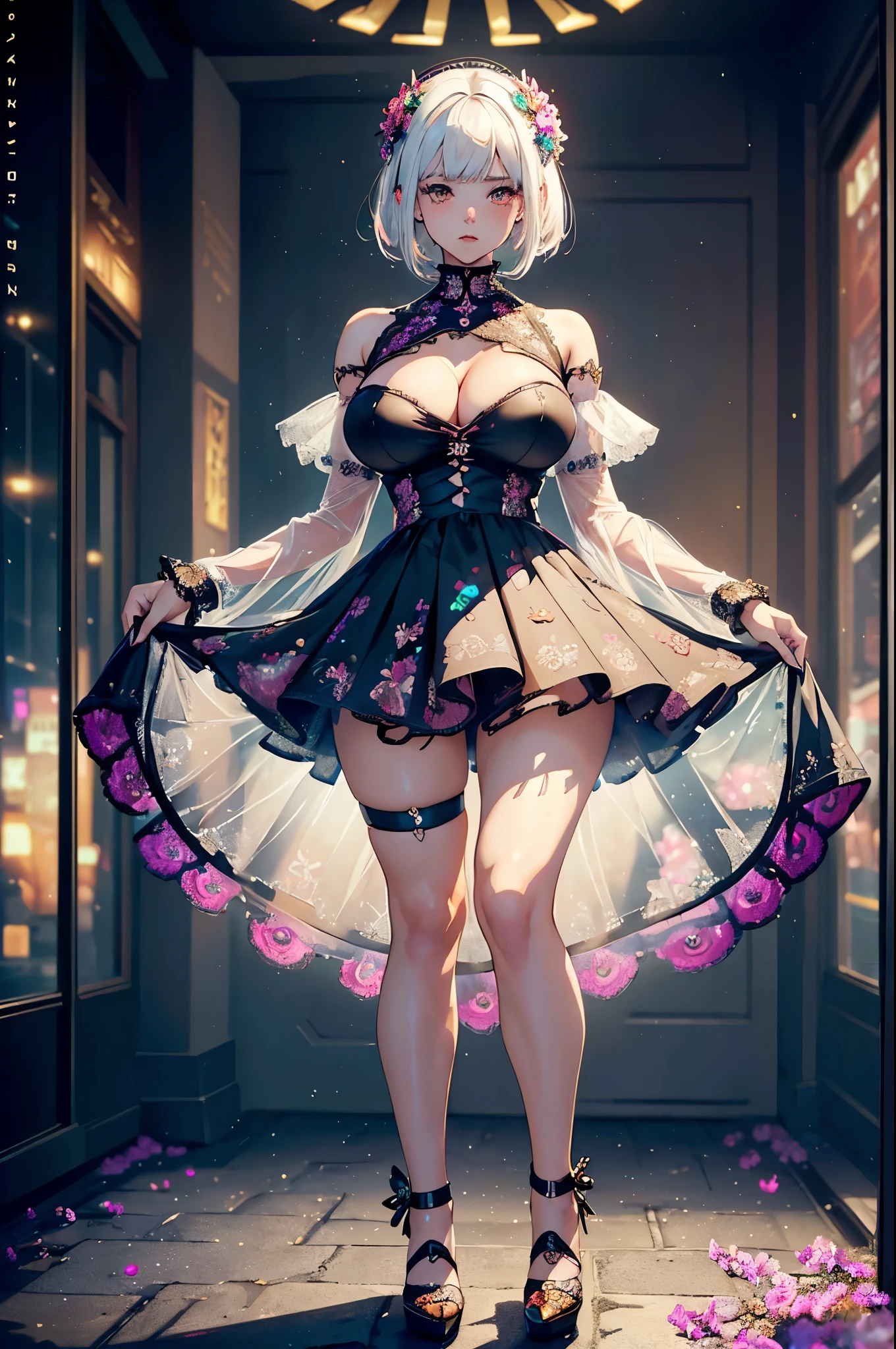(top quality, masterpiece,best quality:1.2, high_resolution:1.2,ultra details:1.2,extreme quality,sharp focus,highres, soft lighting,best quality,hyper detailed), (1girl, solo, white hair, short layers hair, heavy makeup, blush:1.2, grunge style, (big breasts:1.2), looking at viewer), (pornographic, (short dress composed of mecha and colorful crystals,lace,round floral framed,decorated with complex patternreasts out:1.2, Thick thighs, nsfw:1), (full body:1.2, ((front view))), (standing, interior mecha, hell hound), (beautiful light, bokeh:1.2)