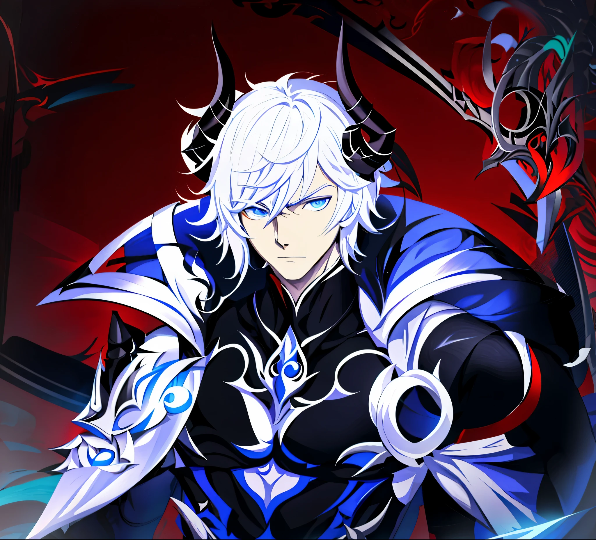 1man, anime character with white hair and black armor holding a sword, blue eyes, keqing from genshin impact, zhongli from genshin impact, genshin impact character, by Yang J, genshin, casimir art, genshin impact, official character art, video game genshin impact, demon male, aion, loong, key anime art, the former demon king, detailed face, 4k art, art hd, hd art, detailed eyes, black horns, white background, blue color pallete, well defined eyes, big eyes