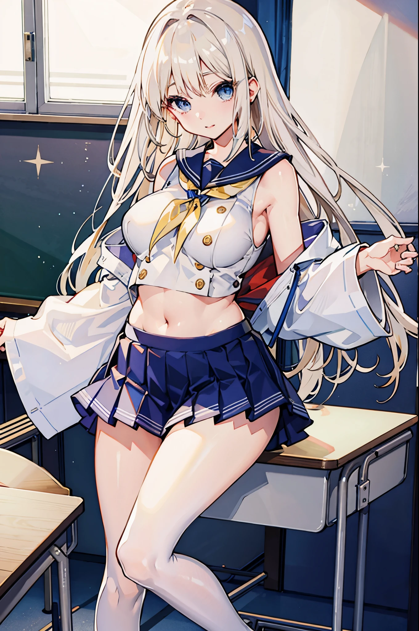 top-quality、realistic touch,high-detail、photoRealstic、thin-waist、captive beauty、big eye、solid platinum-blonde eyelashes、platinum-blonde、full body Esbian、Sparkling eyes、Flushed cheeks、Kamimei、thin-waist、Voluptuous thighs、In the classroom of the school、Navel look、She is in estrus、a sailor suit、cocky expression、Colossal tits、Super short skirt with V-line visible、Sleeveless、