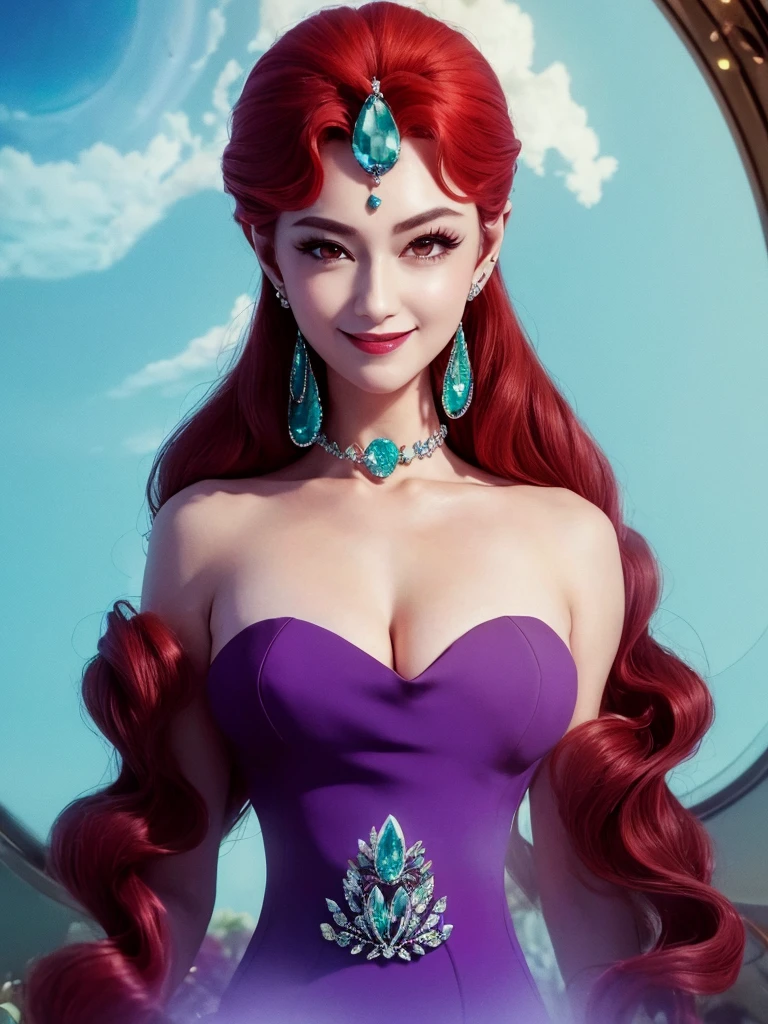 ((Masterpiece,Best Quality)), close-up of a smile , absurdress, queen_Beryl_Sailor_luna, 独奏, Evil smile, looking a viewer, , smile close up, Huge gem earrings, neck gem