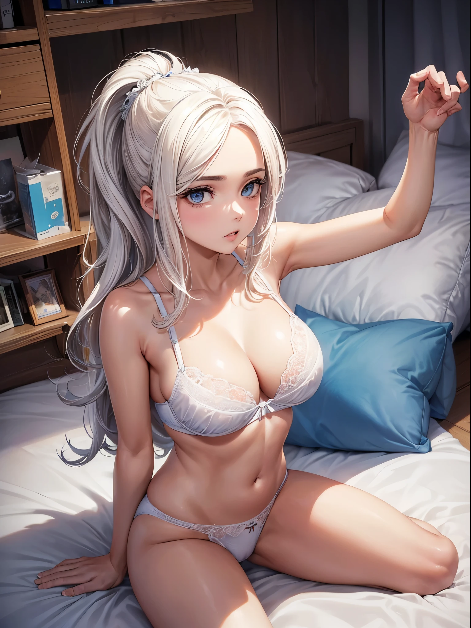 ((La mejor calidad)), ((Obra maestra)), cara perfecta, 1mujer, (pelo blanco), pelo largo, (orejas de gato), ojos azules, underwear, ((tetas grandes)), en la cama, fondo blanco