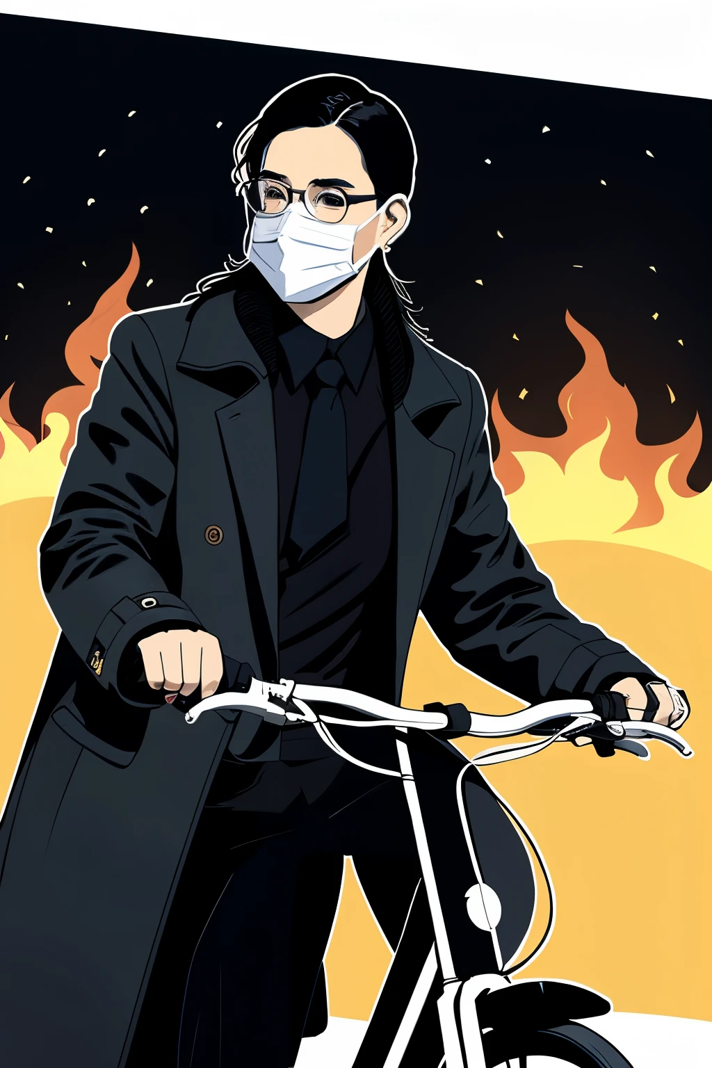 Riding a bicycle,Black Hair Ponytail,Black-rimmed glasses,masks,Illustration style,silver bicycle,Black Duffel Coat,gray long pants,In front of the fire station
