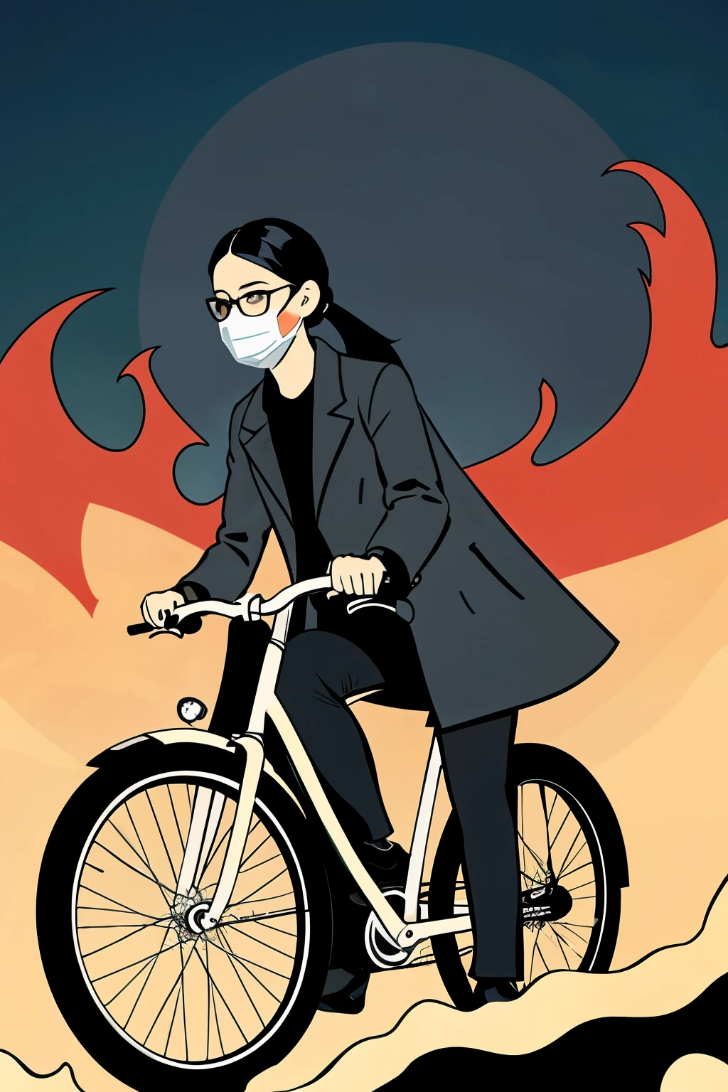 Riding a bicycle,Black Hair Ponytail,Black-rimmed glasses,masks,Illustration style,silver bicycle,Black Duffel Coat,gray long pants,In front of the fire station