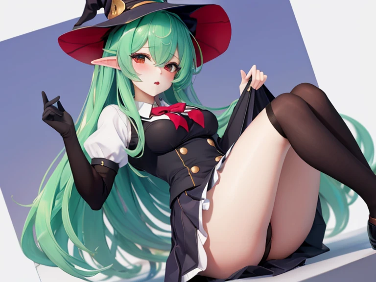 succubi,There is a slight flush on the cheeks, picture ,Has horns and tail,Black stockings or white stockings?,cute big breasts,Green hair,Raised sexy,big breasts enchanting,Playful,is a perfect face,succubi雌小鬼,Tsundere expression,witch hat,magical littschool uniform,High school students’ school uniforms are cute and playful,petite,The posture is sitting frontally,enchanted