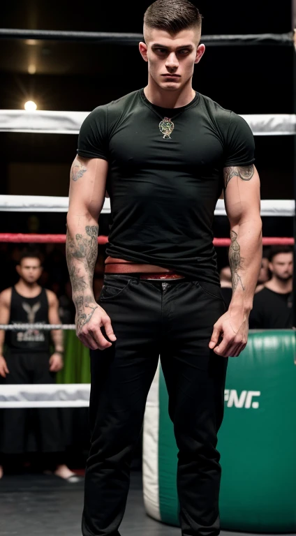 Young white man lacrosse player, 18 years old, military haircut, black hair, intense green eyes fixed, intense gaze, affiliated features, no facial hair, height 1.93, weight 90 kg, muscular build, broad shoulders, V-shaped body, tattoo in the arm, full body focus, completely hairless,