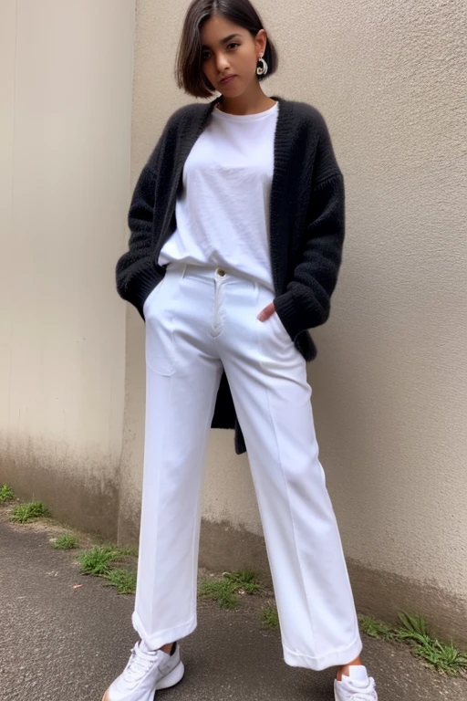 menina com cabelo longo, preto, moletom branco, white pants and pants with different facial gestures