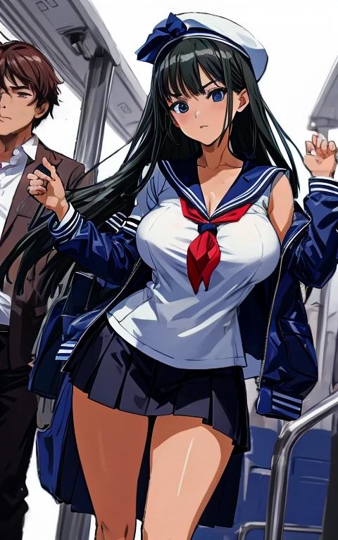 A beautiful woman with long black hair, big breasts, and beautiful legs is wearing a sailor suit with a white miniskirt, her light blue and blue striped panties showing off, and she is standing proudly glaring at an office worker on the train.。