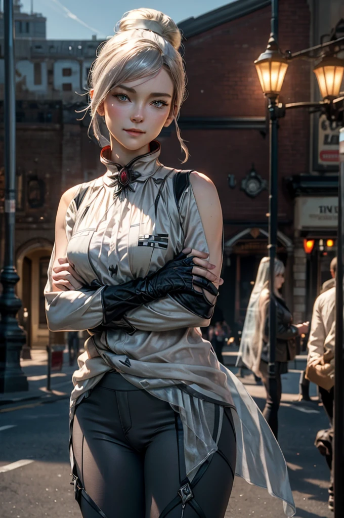 stunning girlfriend, (standing:1.1), dynamic pose, heart shaped face, elegant face, beautiful face, highly detailed face, highly detailed skin, skin pores, subsurface scattering, realistic pupils, loving smile, looking at viewer, full face blush, full lips, detailed background, depth of field, atmospheric perspective, volumetric lighting, sharp focus, absurdres, realistic proportions, good anatomy, (realistic, hyperrealistic:1.4), 16k hdr, cowboy shot, solo, 1girl, rwbywinter, expressionless, closed mouth, looking at viewer, crossed arms, hair over one eye, single hair bun, t-shirt, yoga pants, standing on veranda